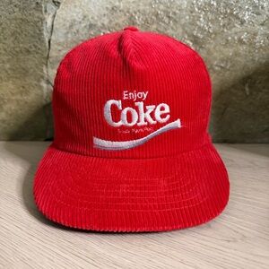 Vintage Coca Cola Corduroy Snapback Hat Red White Enjoy Coke Adjustable